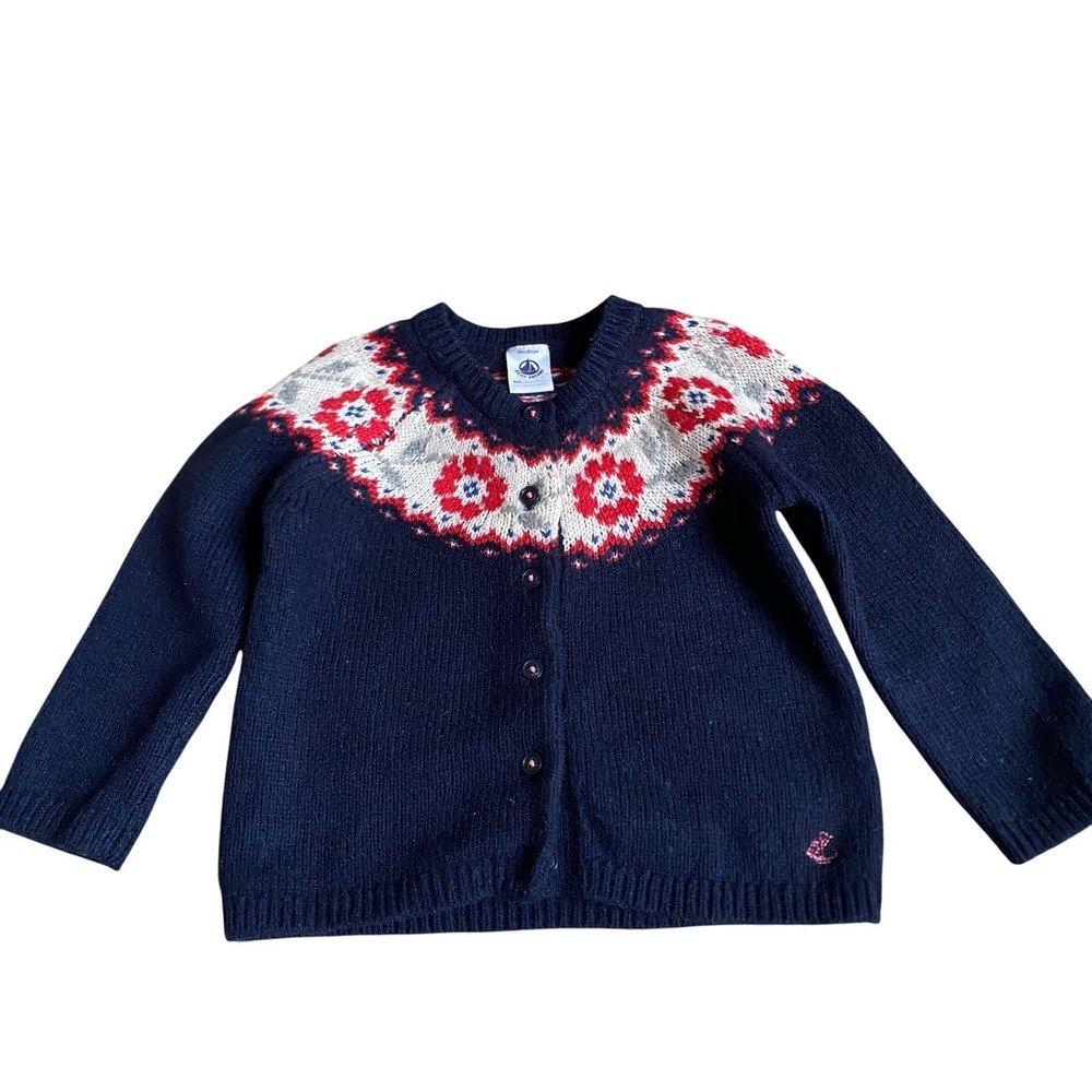 Petit Bateau Cardigan Wool Girls 18 months Nordic Navy Red